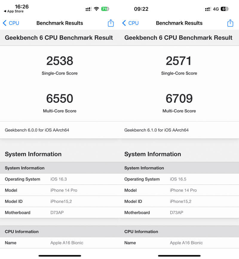 iPhone 14 Pro 上，Geekbench 6.0 和 Geekbench 6.1 的跑分对比。